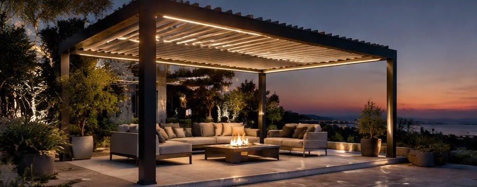 Pergola avec éclairage intégré au crépuscule