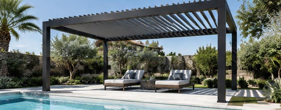 Pergola anthracite au bord d’une piscine
