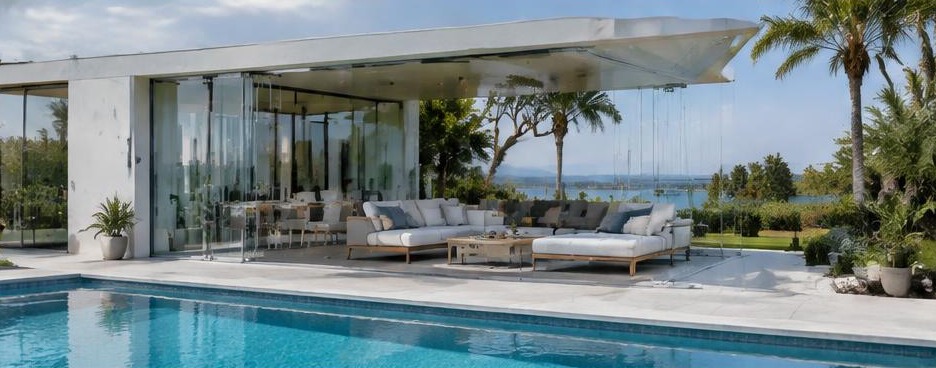 Rideau de verre sur salon au bord d’une piscine
