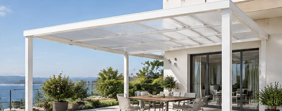Toiture translucide sur terrasse blanche
