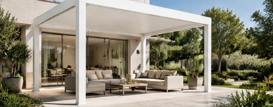 Pergola blanche à toiture fixe dans un jardin