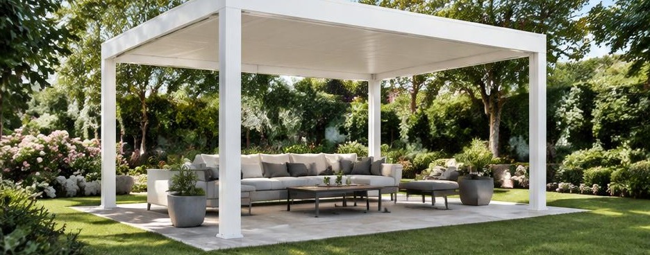Pergola blanche sur terrasse paysagée