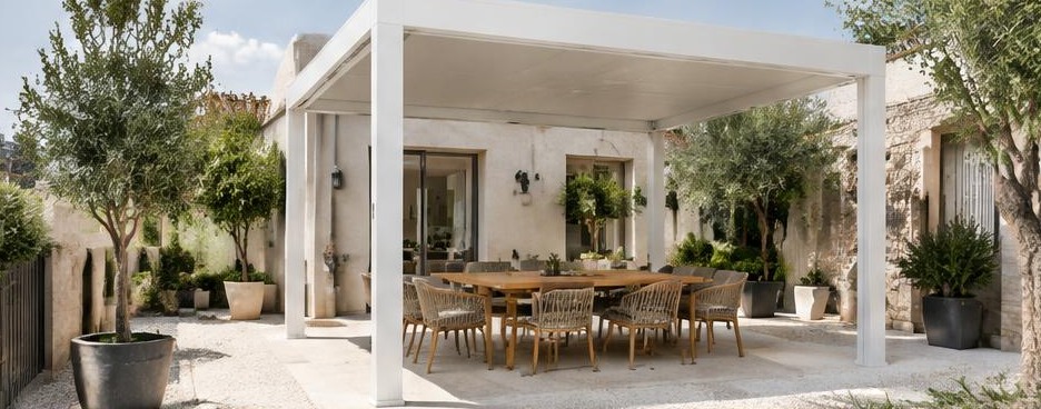 Pergola blanche dans une cour aménagée