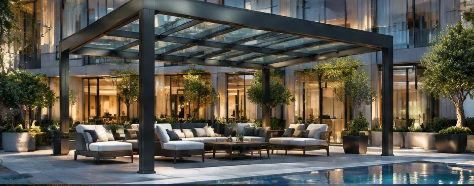 Pergola vitrée sur terrasse d’hôtel