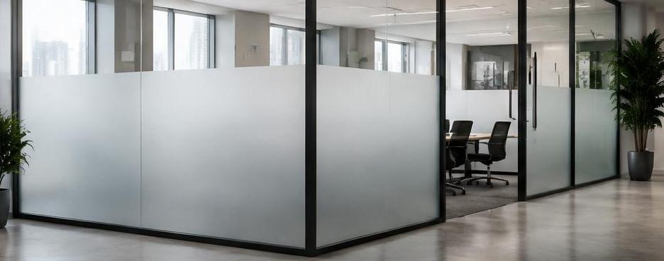 Film dépoli sur cloison de bureau