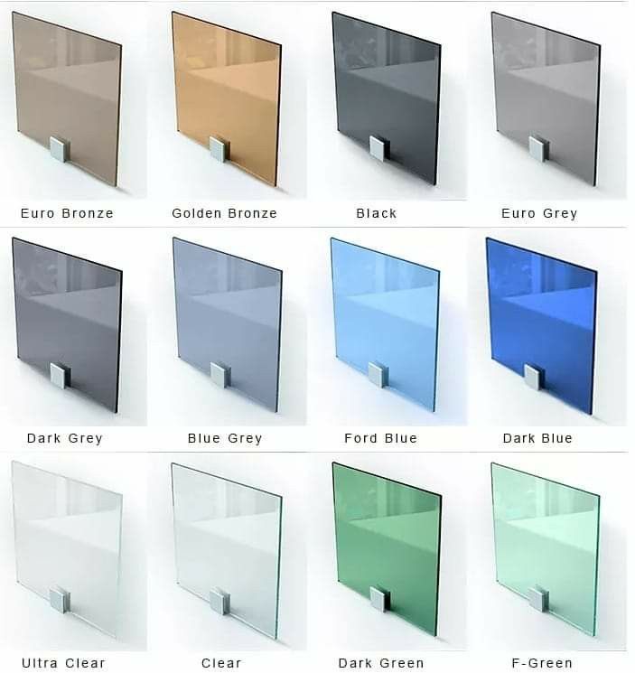 Nuancier des teintes de verre : Ultra Clear, Clear, Euro Grey, Dark Grey, Blue Grey, Ford Blue, Dark Blue, Euro Bronze, Golden Bronze, Black, Dark Green, F-Green