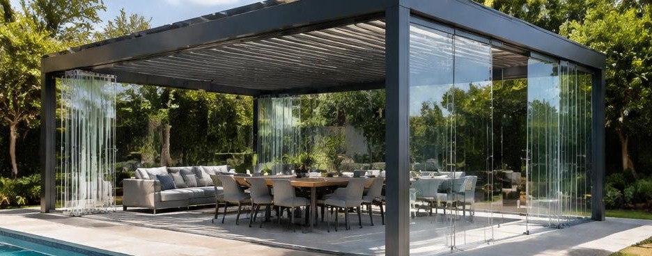 Pergola fermée par panneaux de verre