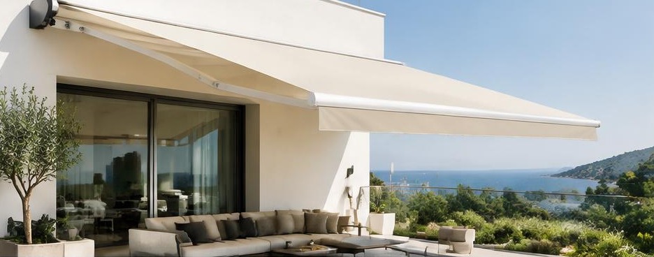 Store banne clair sur terrasse de villa