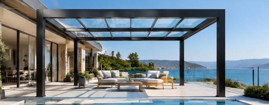 Pergola à toiture vitrée en bord de piscine