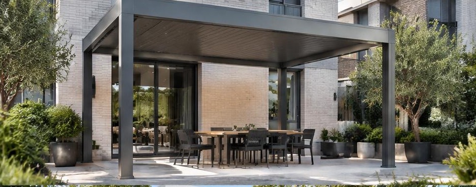 Pergola à toit fixe attenante à une maison