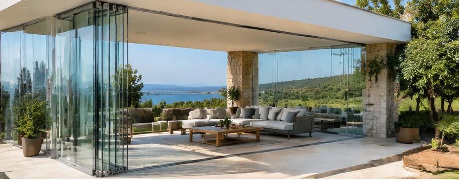 Panneaux de verre repliés sur terrasse de villa