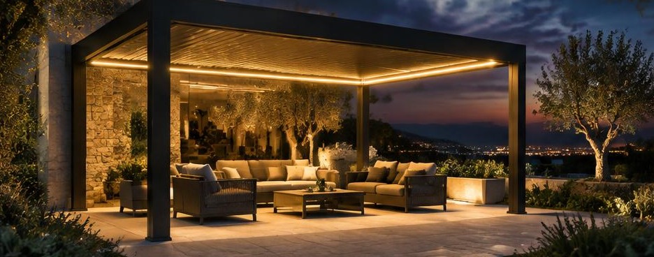 Pergola à toiture fixe éclairée le soir