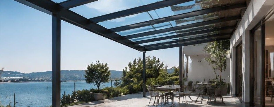 Auvent vitré à structure sombre sur terrasse