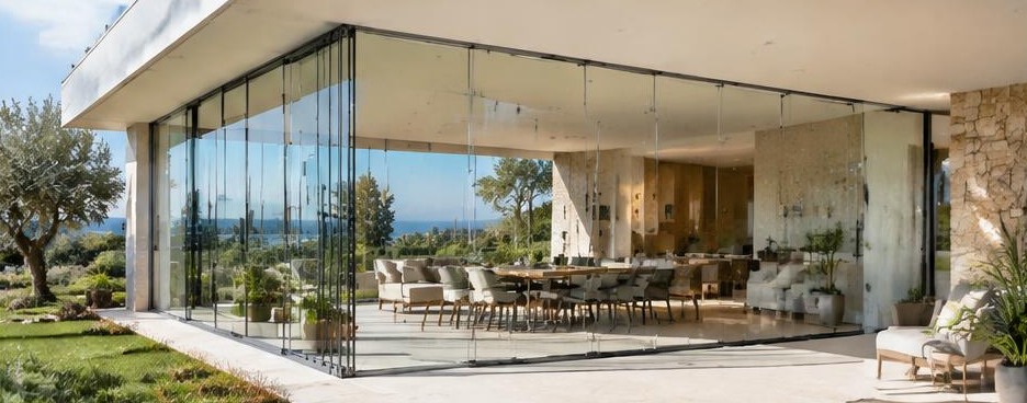 Rideau de verre sur patio de villa