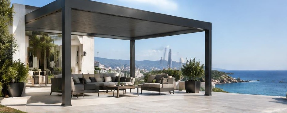 Pergola anthracite sur terrasse côtière