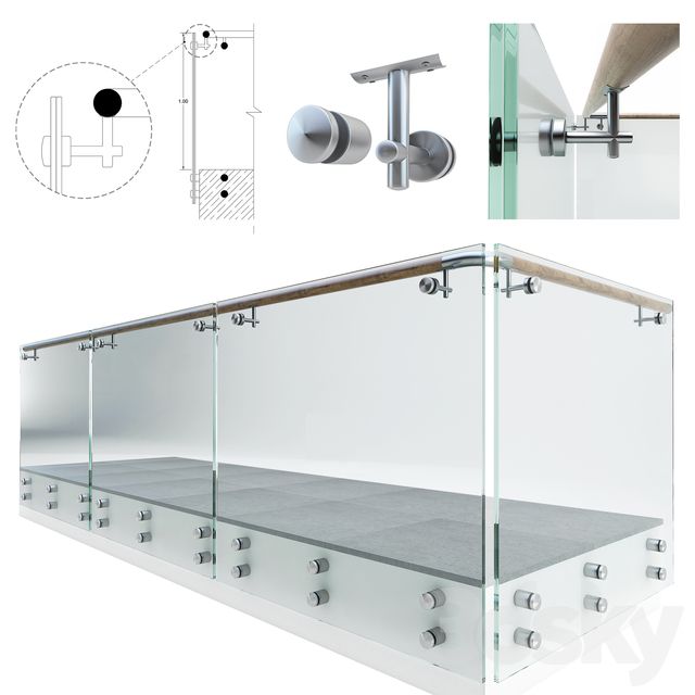 Détail de fixation ponctuelle inox et main courante pour garde-corps en verre